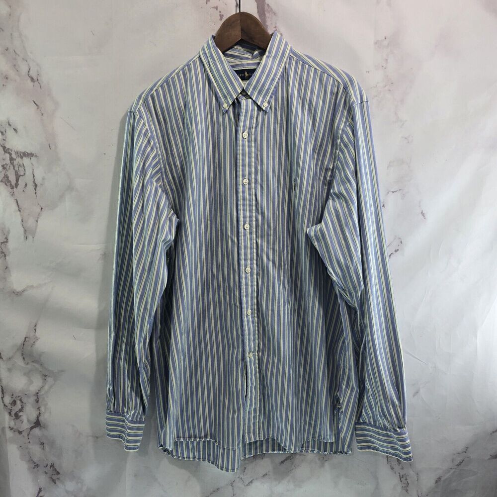 Polo Ralph Lauren Shirt Mens 17 XL Blue Yellow Striped Button Down Flesh Pony
